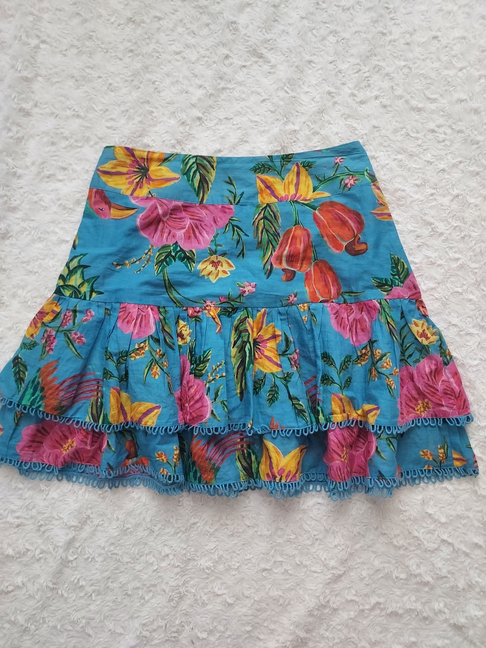 FARM Rio XS Toucans Garden Blue Tiered 100% Cotton Skirt Fun Flirty Tropical